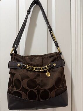 Coach Chocolate Brown Signature Sateen Leather Shoulder/Crossbody GoldTone Chain